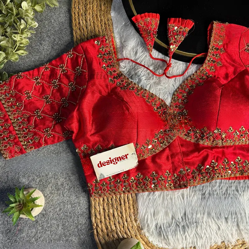 Red Italian Silk Heavy Embroidery & Beads Work Wedding Blouse