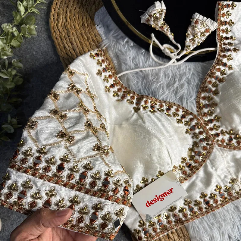 White Italian Silk Heavy Embroidery & Beads Work Wedding Blouse