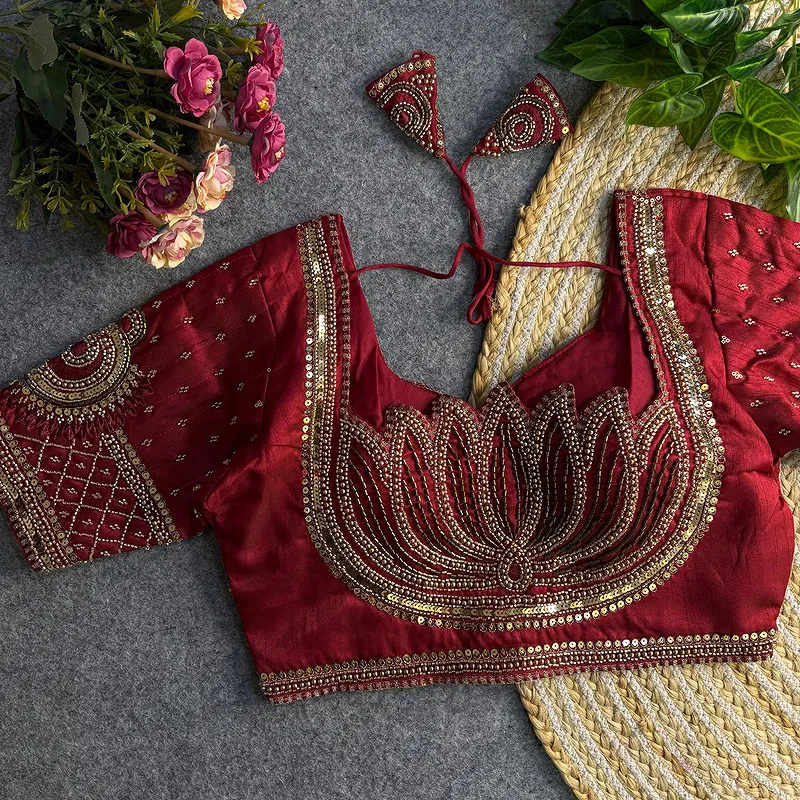 Maroon Color Italian Silk Blouse with Heavy Beads and Sequence Work 