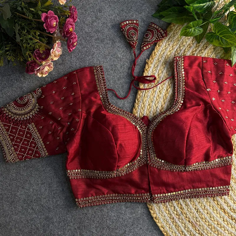 Maroon Color Italian Silk Blouse with Heavy Beads and Sequence Work 