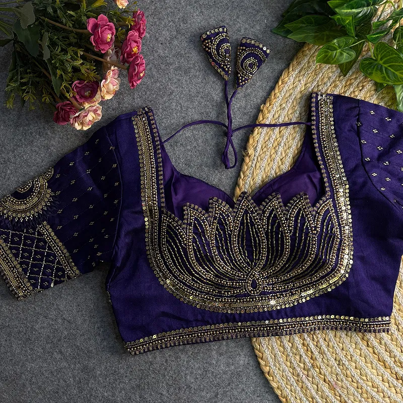 Purple Color Italian Silk Blouse with Heavy Beads and Sequence Work 