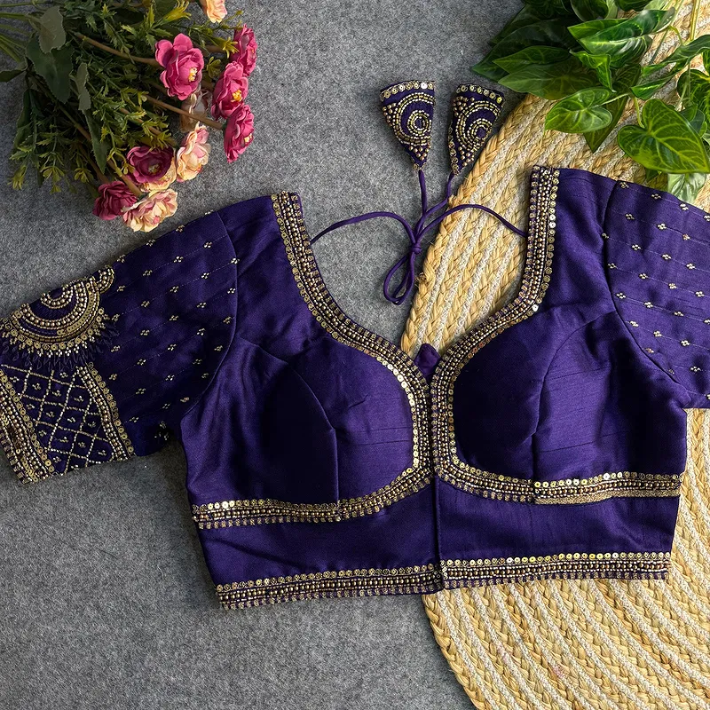Purple Color Italian Silk Blouse with Heavy Beads and Sequence Work 
