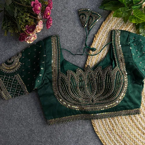 Bottle Green Color Italian Silk Blouse with Heavy Beads and Sequence Work 