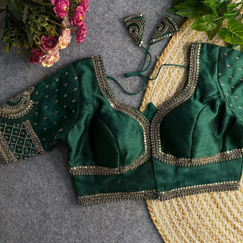 Bottle Green Color Italian Silk Blouse with Heavy Beads and Sequence Work 