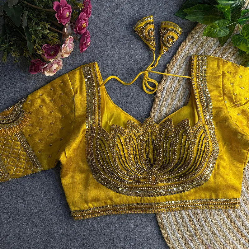 Yellow Color Italian Silk Blouse with Heavy Beads and Sequence Work 