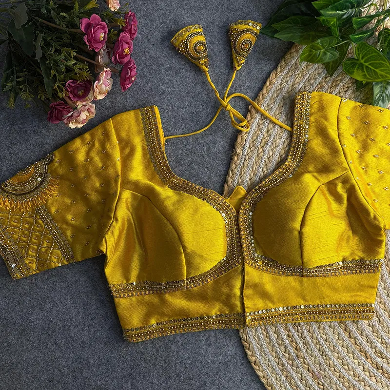 Yellow Color Italian Silk Blouse with Heavy Beads and Sequence Work 