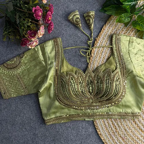 Pista Green Color Italian Silk Blouse with Heavy Beads and Sequence Work 