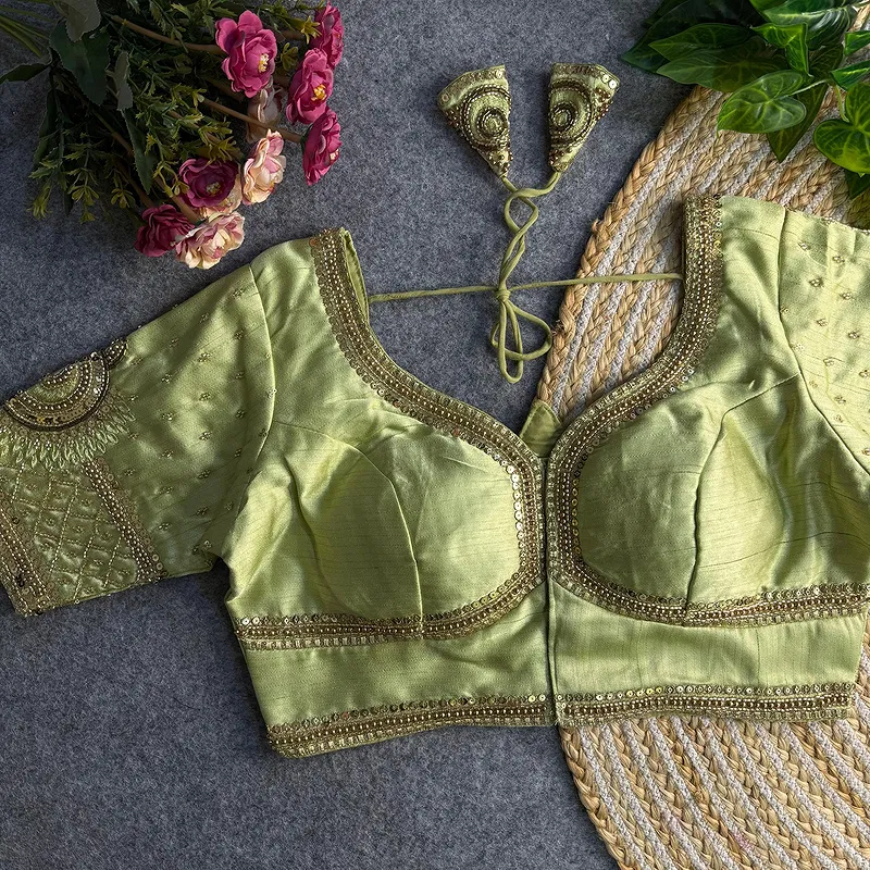 Pista Green Color Italian Silk Blouse with Heavy Beads and Sequence Work 