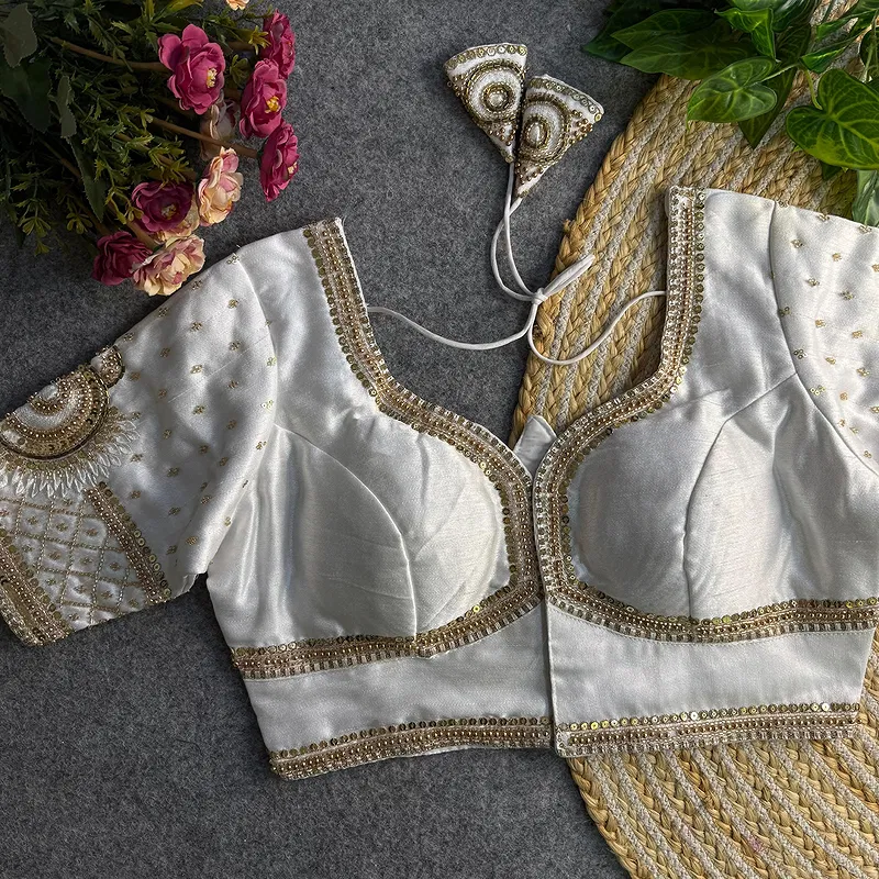 White Color Italian Silk Blouse with Heavy Beads and Sequence Work 