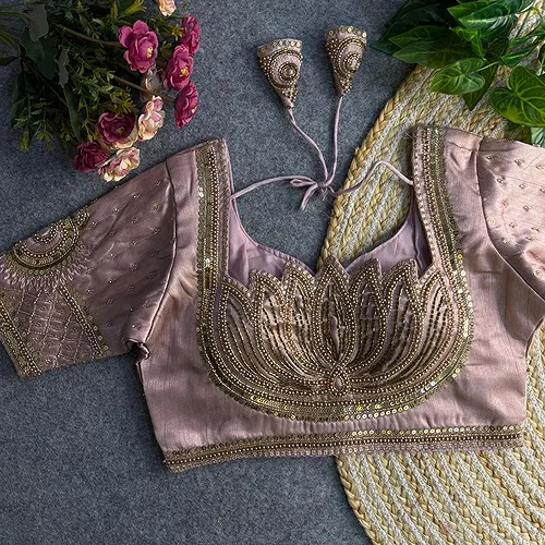 Onion Pink Color Italian Silk Blouse with Heavy Beads and Sequence Work 