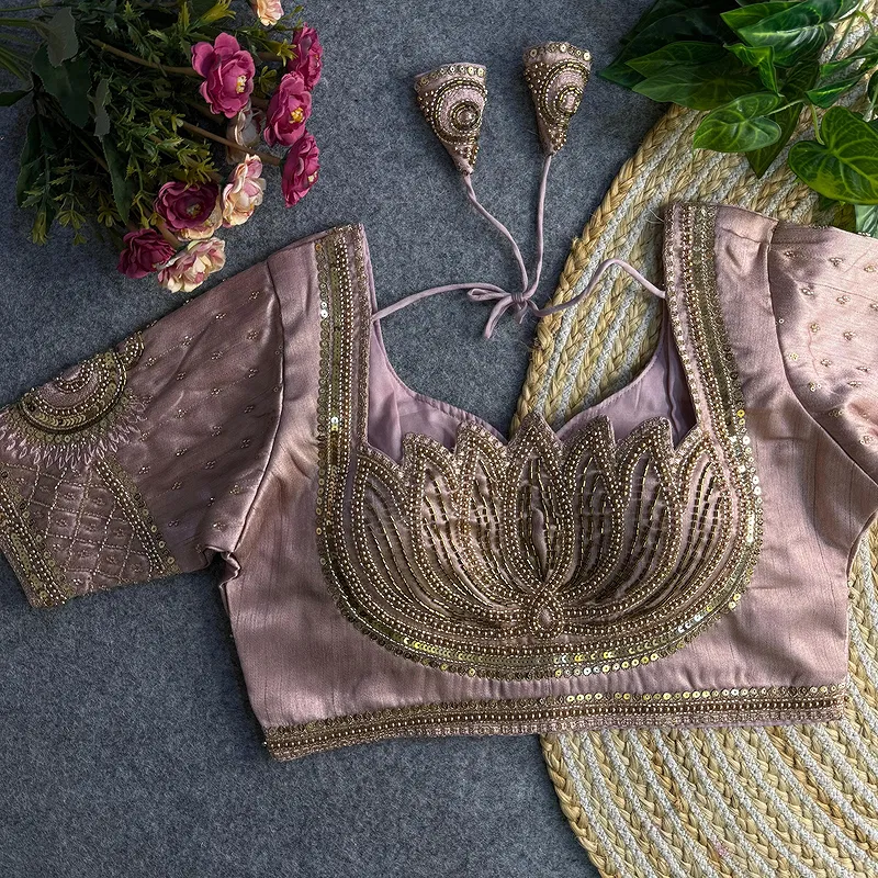 Onion Pink Color Italian Silk Blouse with Heavy Beads and Sequence Work 