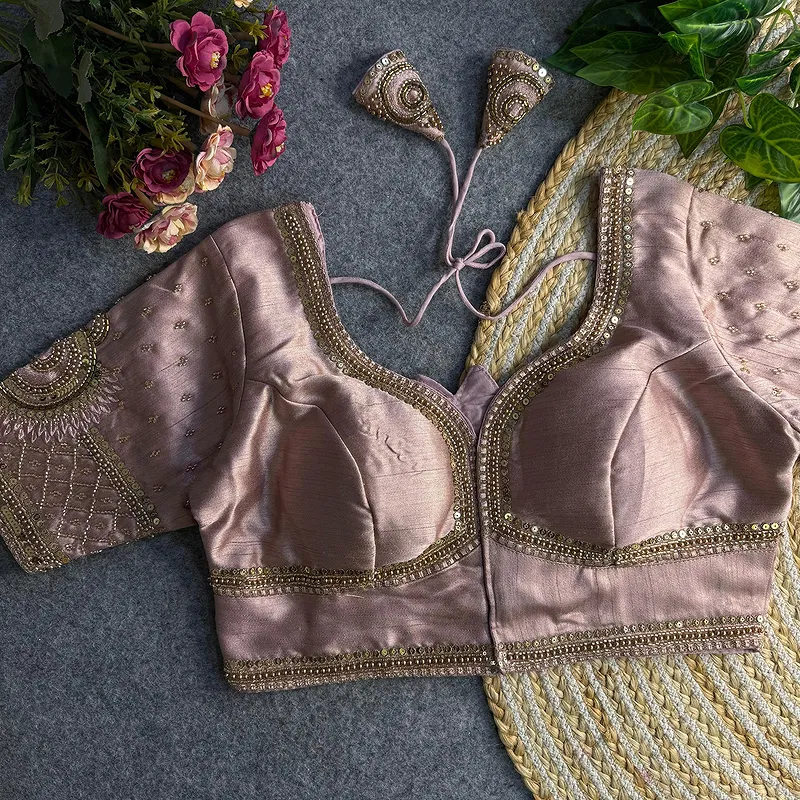 Onion Pink Color Italian Silk Blouse with Heavy Beads and Sequence Work 