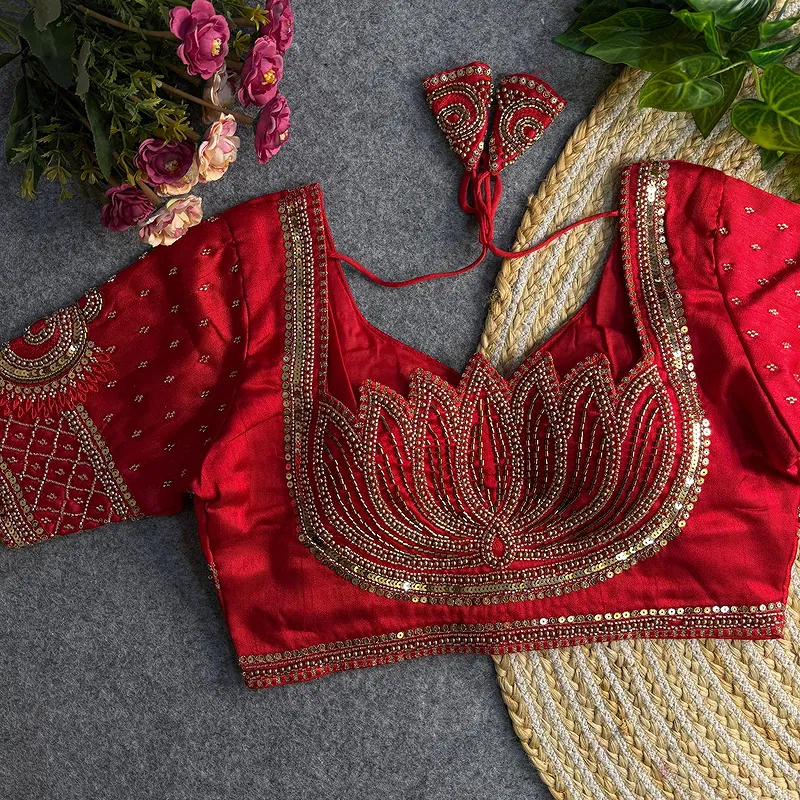 Red Color Italian Silk Blouse with Heavy Beads and Sequence Work 