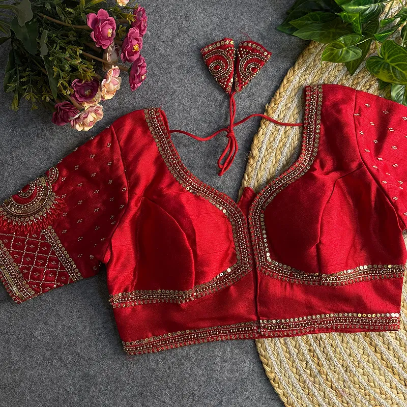 Red Color Italian Silk Blouse with Heavy Beads and Sequence Work 