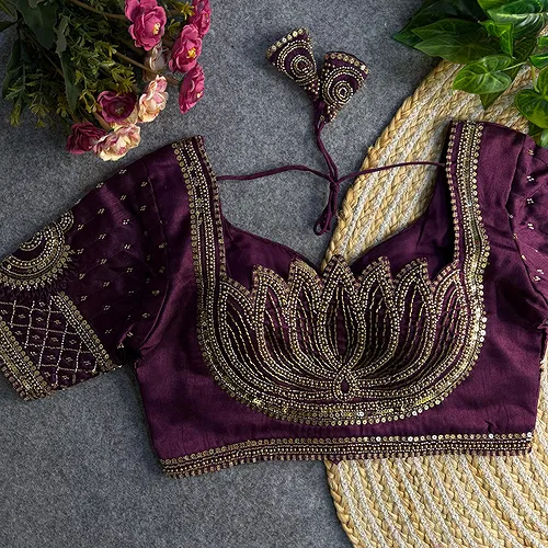 Wine Color Italian Silk Blouse with Heavy Beads and Sequence Work 