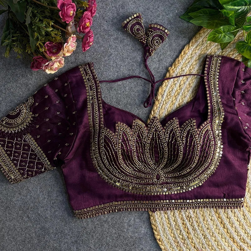 Wine Color Italian Silk Blouse with Heavy Beads and Sequence Work 