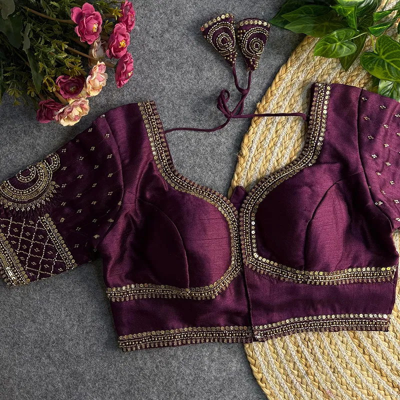 Wine Color Italian Silk Blouse with Heavy Beads and Sequence Work 