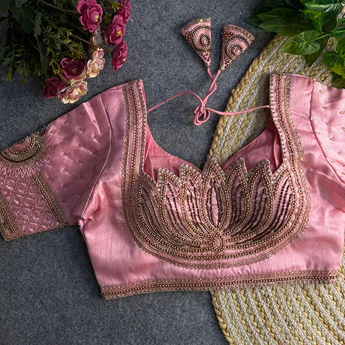 Baby Pink Color Italian Silk Blouse with Heavy Beads and Sequence Work 