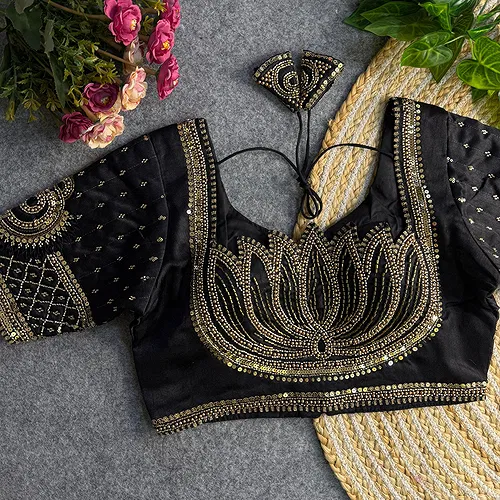 Black Color Italian Silk Blouse with Heavy Beads and Sequence Work 