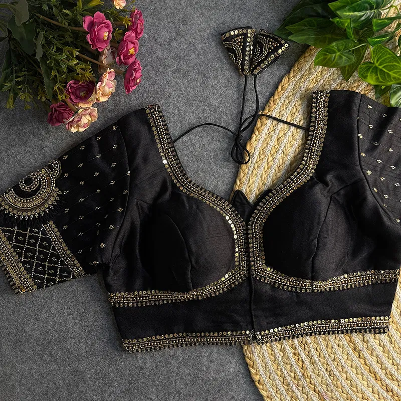 Black Color Italian Silk Blouse with Heavy Beads and Sequence Work 