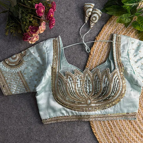 Sky Blue Color Italian Silk Blouse with Heavy Beads and Sequence Work 