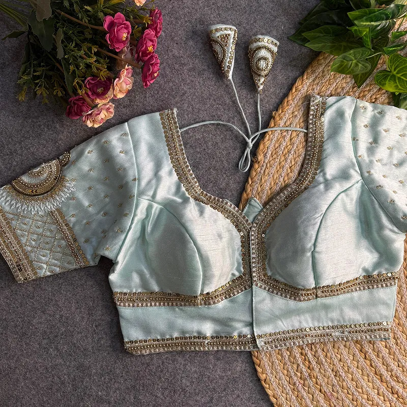 Sky Blue Color Italian Silk Blouse with Heavy Beads and Sequence Work 