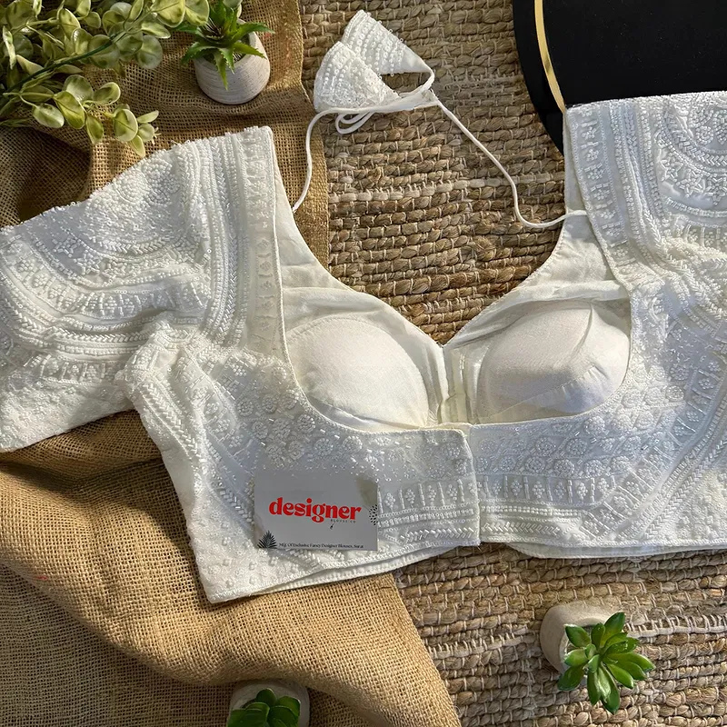 White Handwork Beads Partywear Sabyasachi Neck Blouse in Pure Fox Georgette