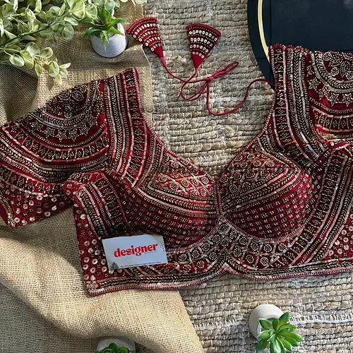 Maroon Handwork Beads Partywear Sabyasachi Neck Blouse in Pure Fox Georgette