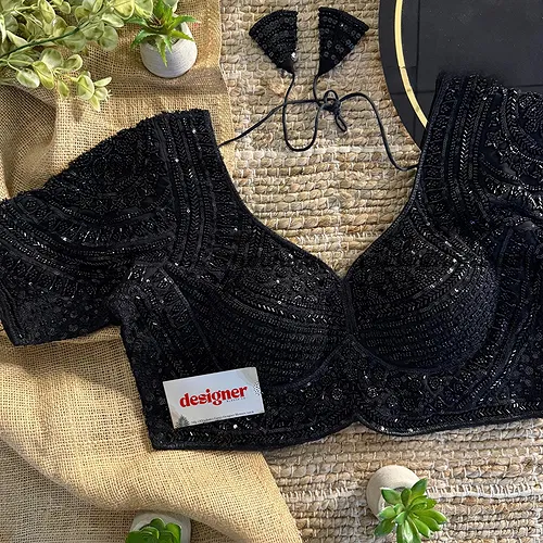 Black Green Handwork Beads Partywear Sabyasachi Neck Blouse in Pure Fox Georgette