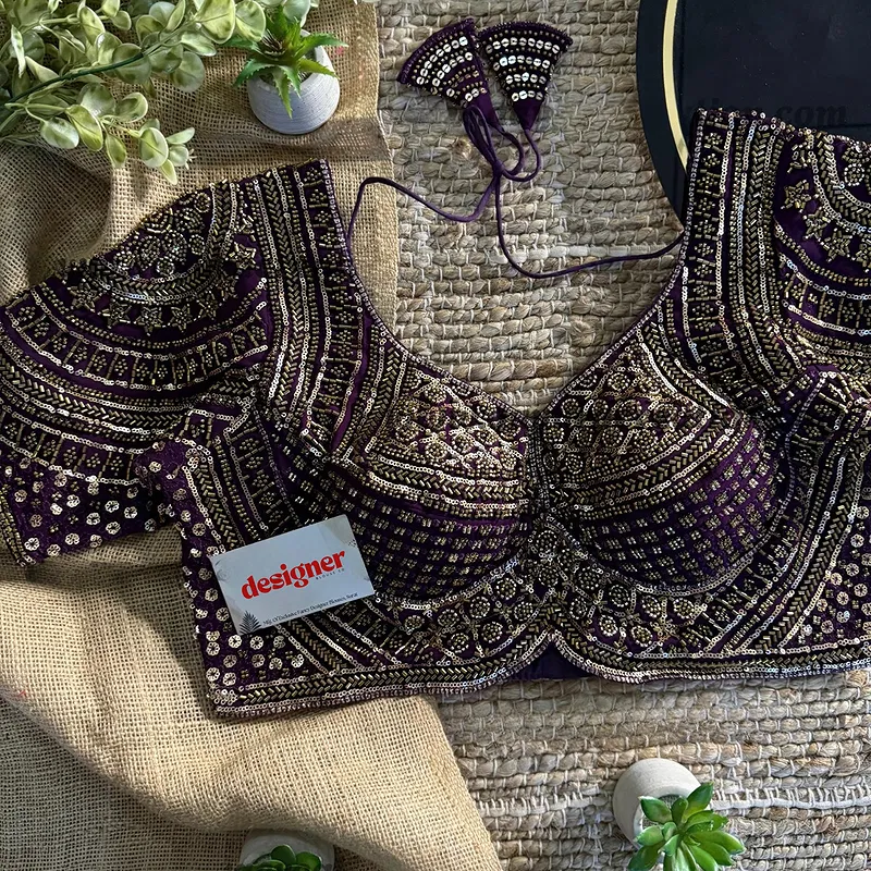 Wine Handwork Beads Partywear Sabyasachi Neck Blouse in Pure Fox Georgette