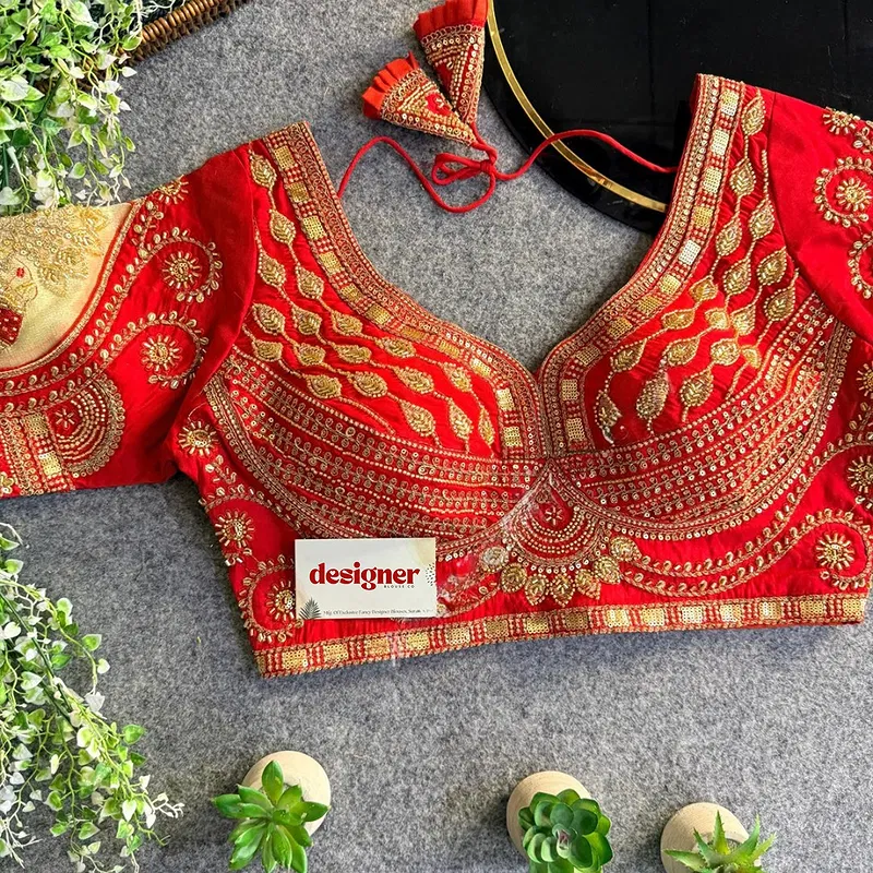 Red Sabyasachi-Style Beads & Embroidery Partywear Blouse in Roman Silk