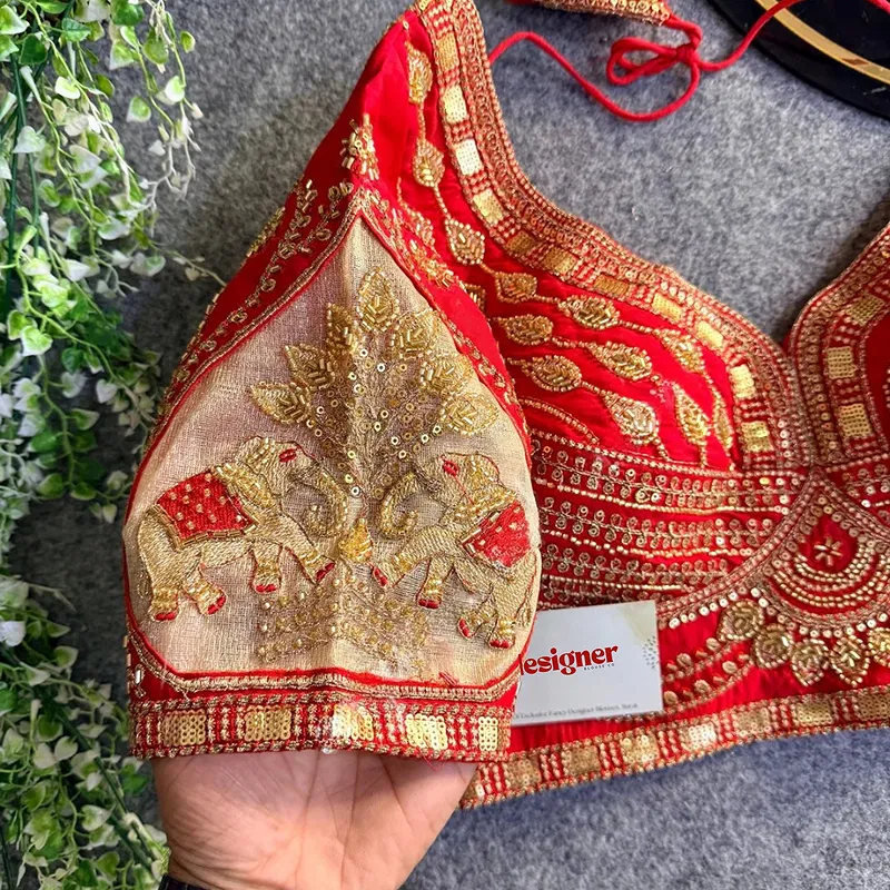 Red Sabyasachi-Style Beads & Embroidery Partywear Blouse in Roman Silk