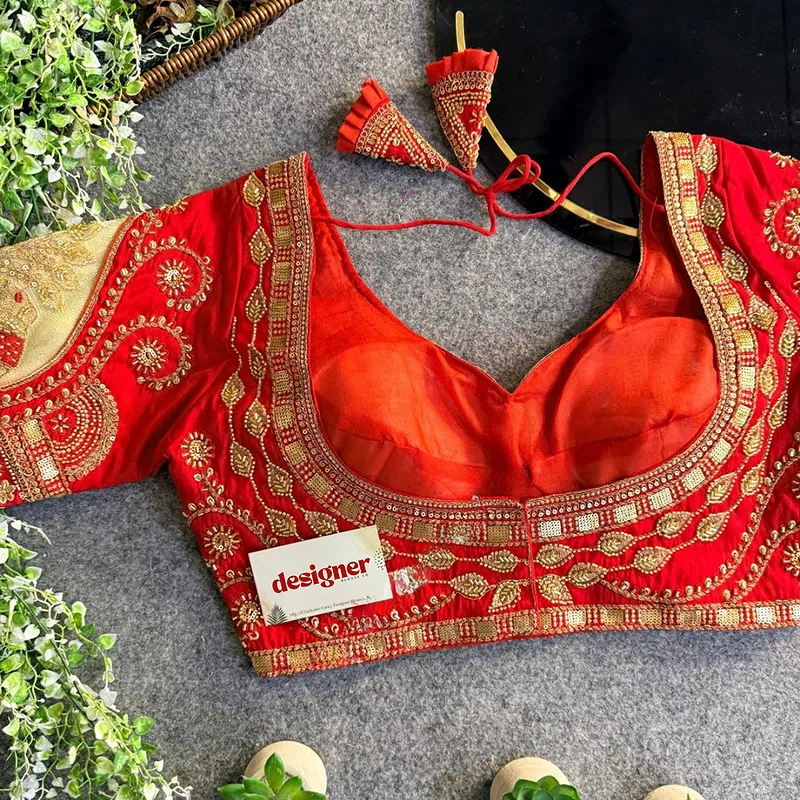 Red Sabyasachi-Style Beads & Embroidery Partywear Blouse in Roman Silk
