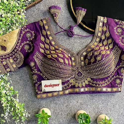 Wine Sabyasachi Style Beads & Embroidery Partywear Blouse in Roman Silk