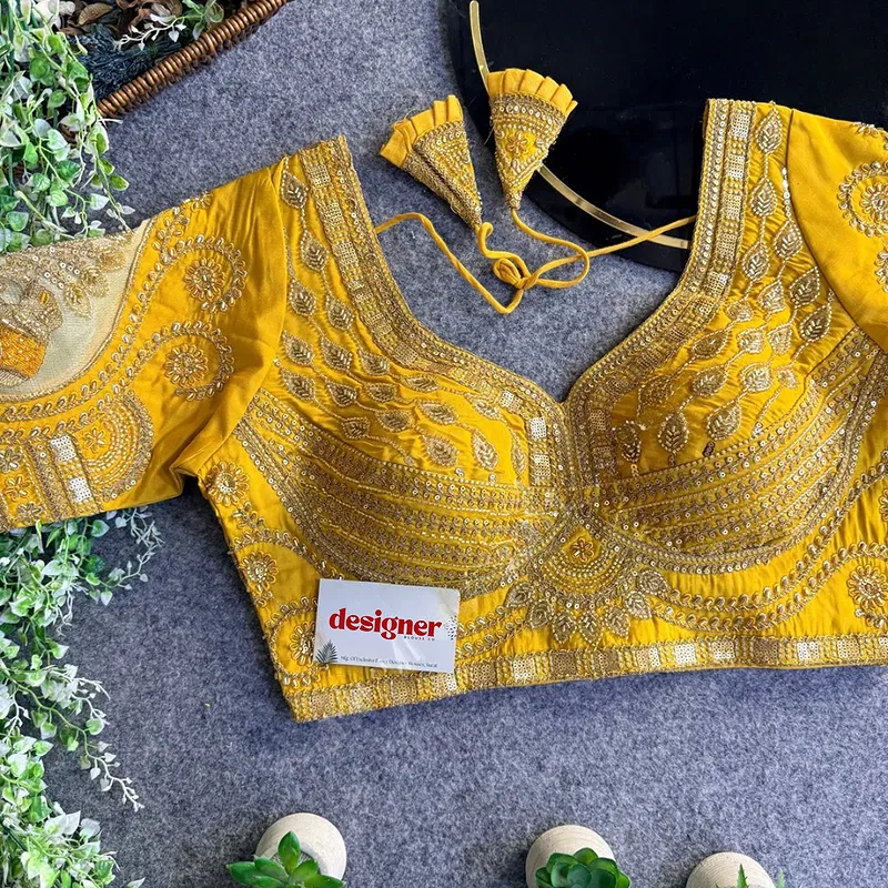 Mustard Sabyasachi Style Beads & Embroidery Partywear Blouse in Roman Silk