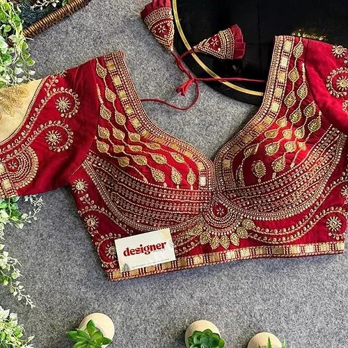 Maroon Sabyasachi Style Beads & Embroidery Partywear Blouse in Roman Silk