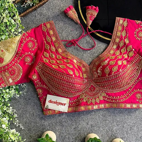 Rani Sabyasachi Style Beads & Embroidery Partywear Blouse in Roman Silk