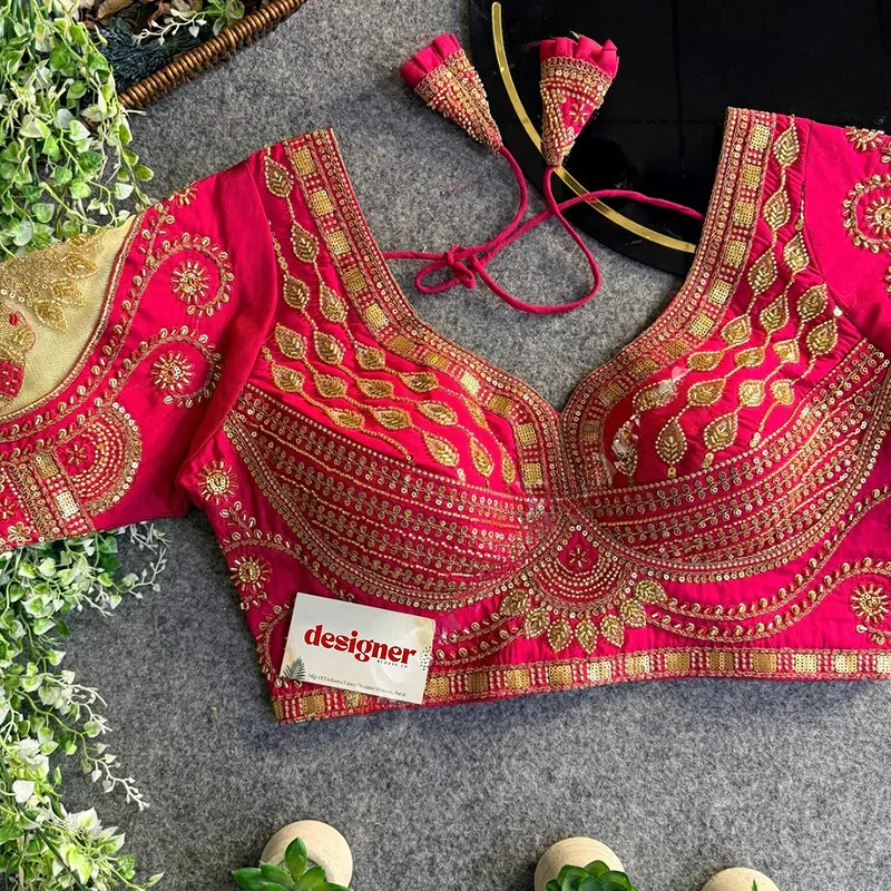 Rani Sabyasachi Style Beads & Embroidery Partywear Blouse in Roman Silk