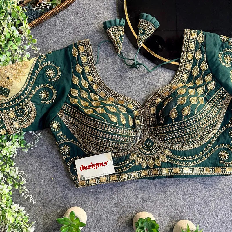 Bottle Green Sabyasachi Style Beads & Embroidery Partywear Blouse in Roman Silk