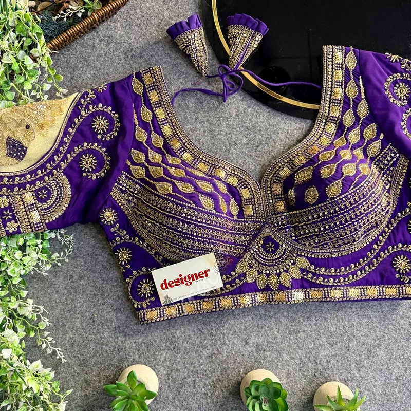 Purple Sabyasachi Style Beads & Embroidery Partywear Blouse in Roman Silk
