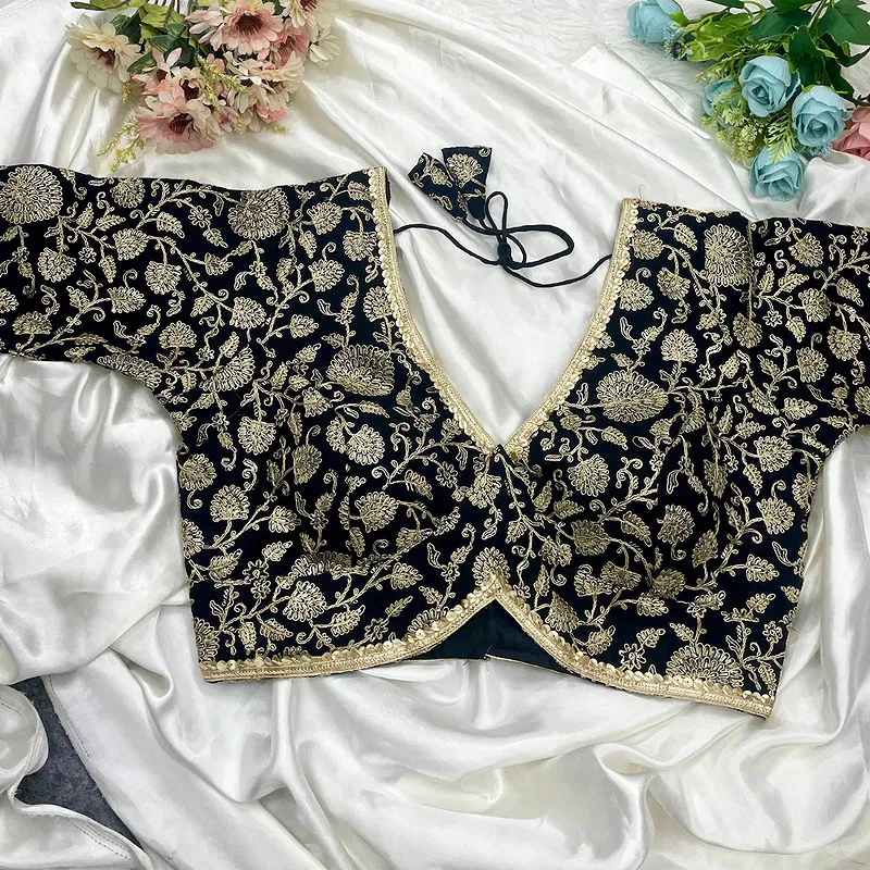 Black Thread Work Deep Neck Embroidered Blouse