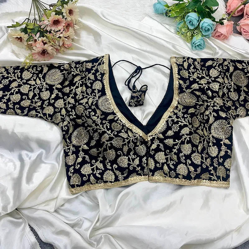 Black Thread Work Deep Neck Embroidered Blouse