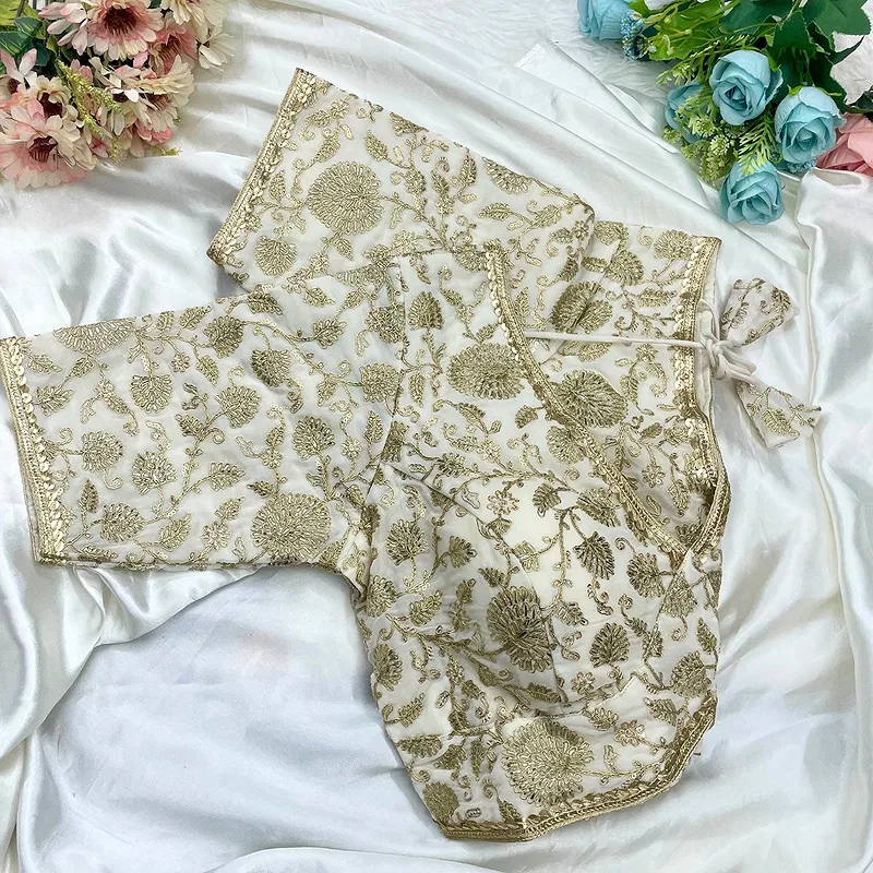 White Thread Work Deep Neck Embroidered Blouse