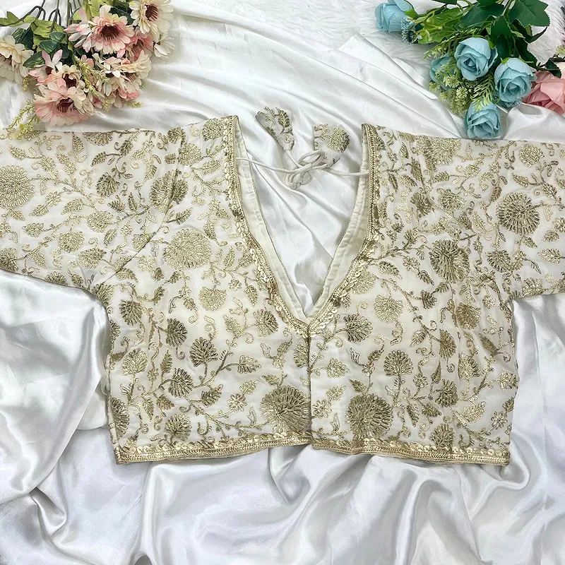 White Thread Work Deep Neck Embroidered Blouse