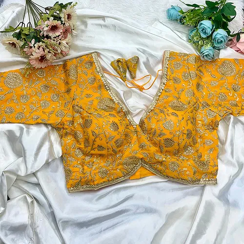 Mustard Thread Work Deep Neck Embroidered Blouse