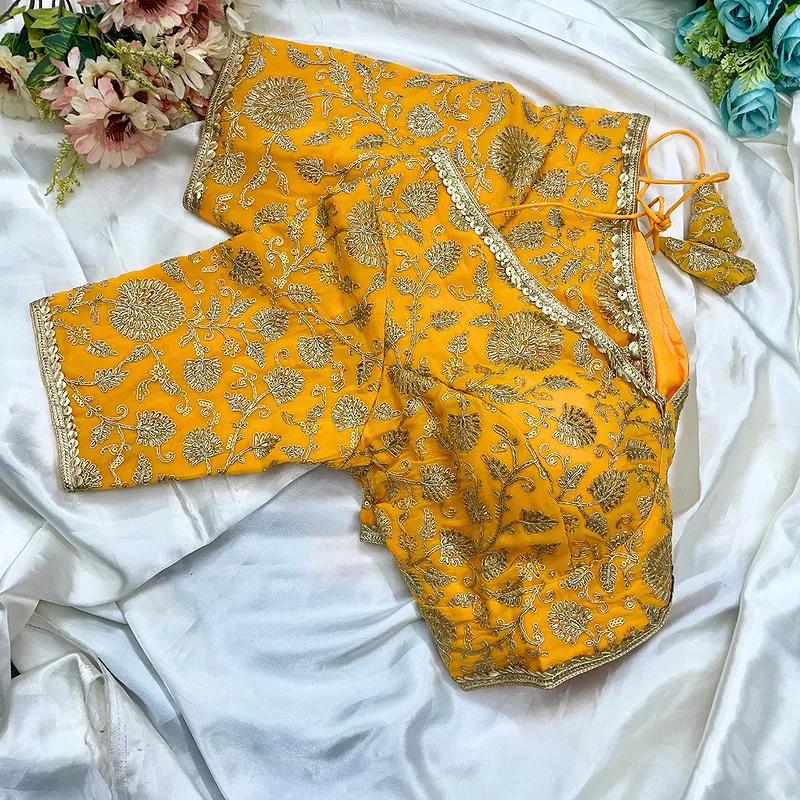 Mustard Thread Work Deep Neck Embroidered Blouse
