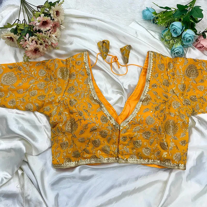 Mustard Thread Work Deep Neck Embroidered Blouse
