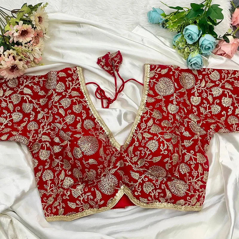 Red Thread Work Deep Neck Embroidered Blouse