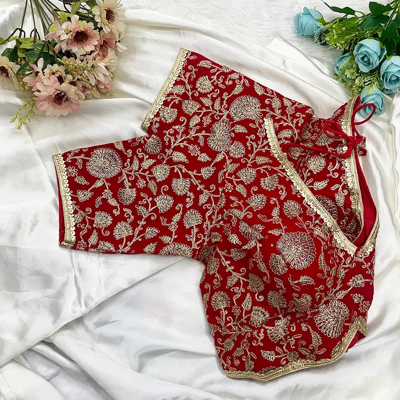 Red Thread Work Deep Neck Embroidered Blouse