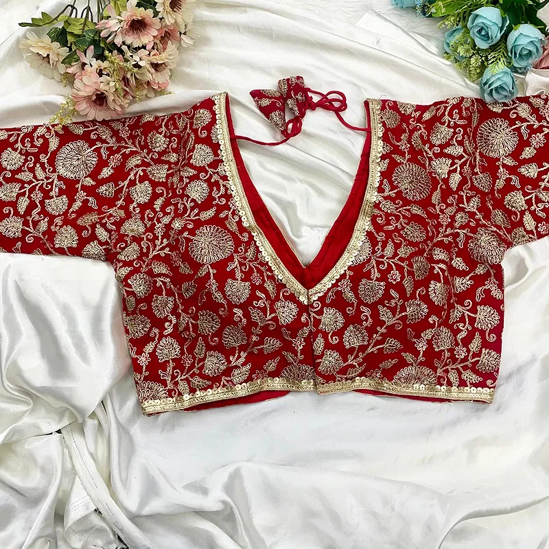 Red Thread Work Deep Neck Embroidered Blouse